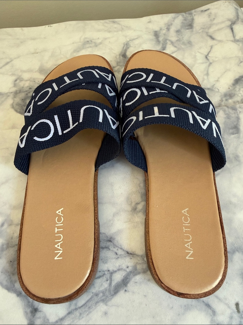 Nautica Navy and Tan Crossband Slide Sandals - Picture 3 of 6